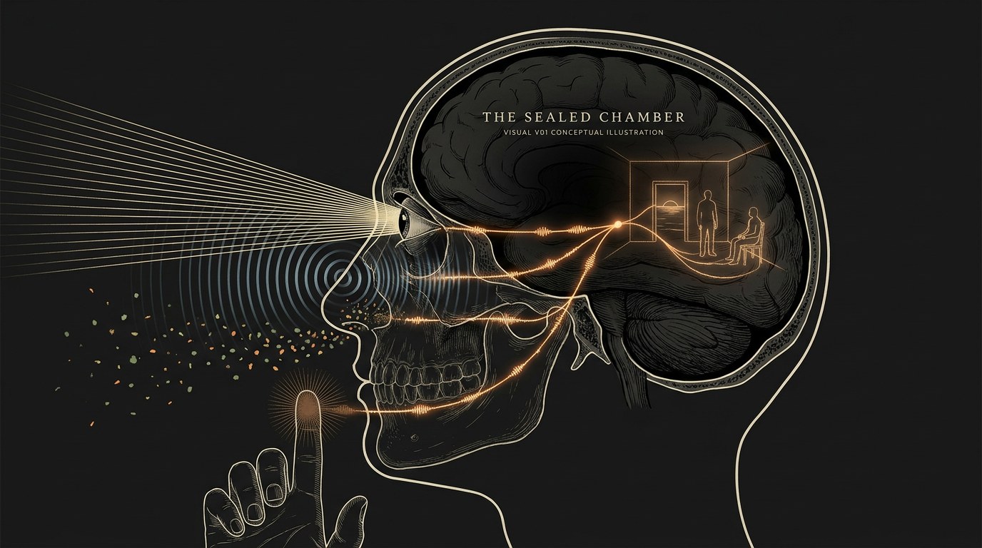 A cross-section of a head shows light, sound, scent and touch converted into identical glowing signals that meet inside the skull to form a faint image of a room.