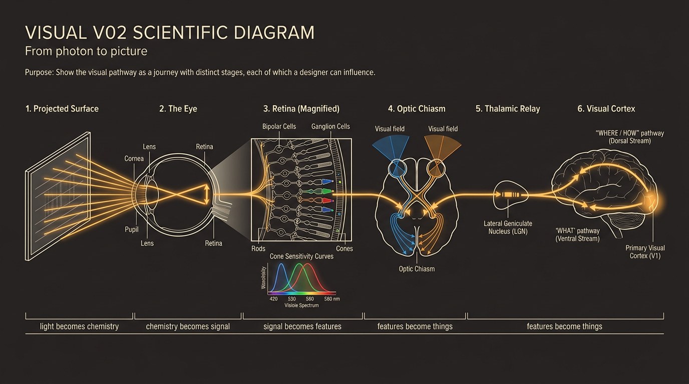 A six-stage diagram follows light from a projected surface through the eye, retina, optic chiasm and thalamus to the visual cortex, where it divides into "where" and "what" pathways.