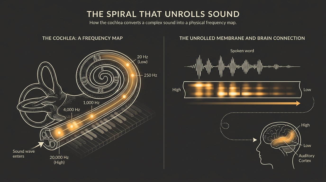 A cut-away cochlea shows high frequencies registering near its entrance and low frequencies deeper inside; unrolled, the membrane becomes a frequency strip that the brain preserves as a map.