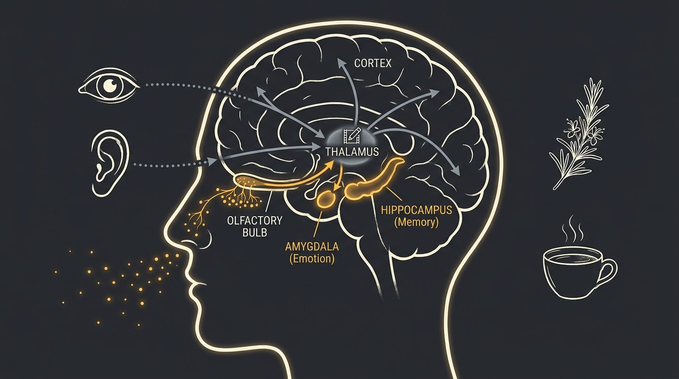 A diagram contrasts the sight and sound pathways, which pass through a thalamic relay, with the smell pathway, which runs directly into the brain's emotion and memory centers.