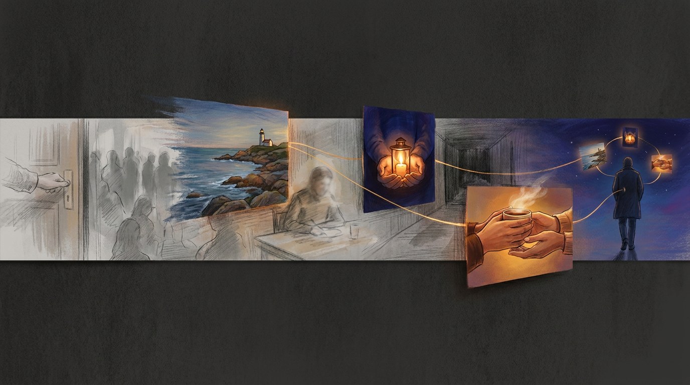 A long strip depicting an evening fades to faint pencil except for three vividly rendered moments, which float toward a departing figure like memories.