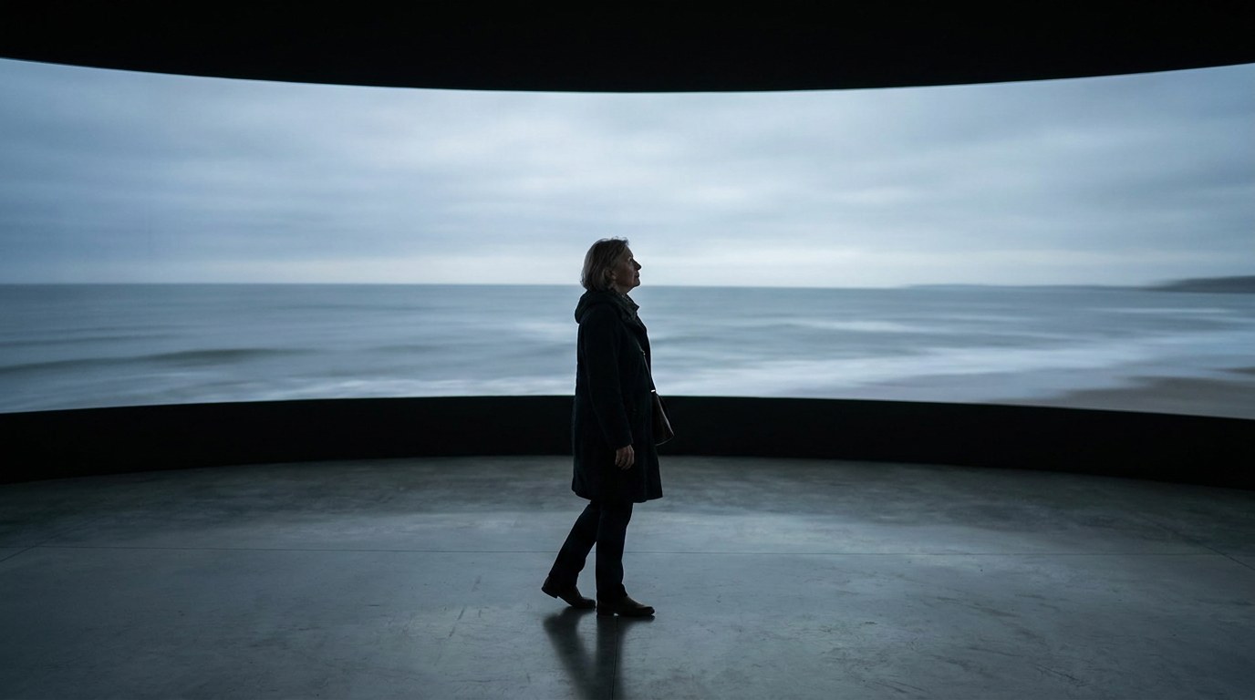 A woman stands alone, relaxed and attentive, before a wide projected coastal horizon, as if she has arrived somewhere.