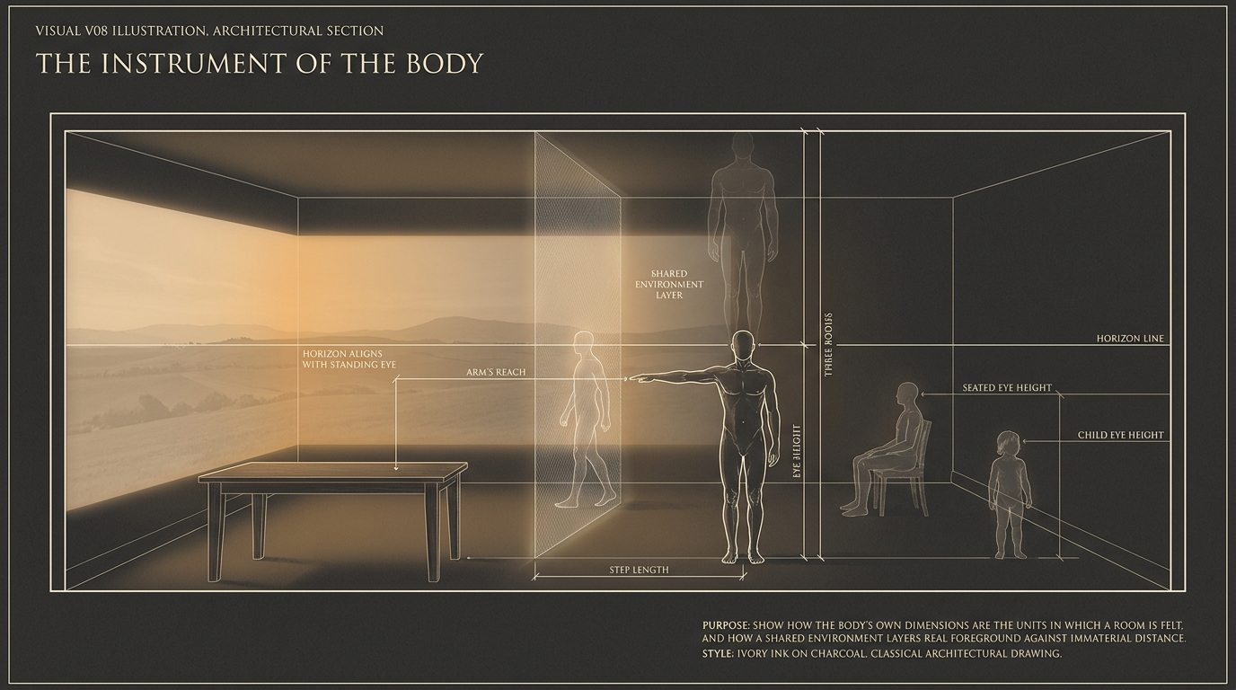 A cross-section of a room measures its dimensions in units of the human body: eye height, reach, step, and the projected horizon aligned to a standing person's eye.