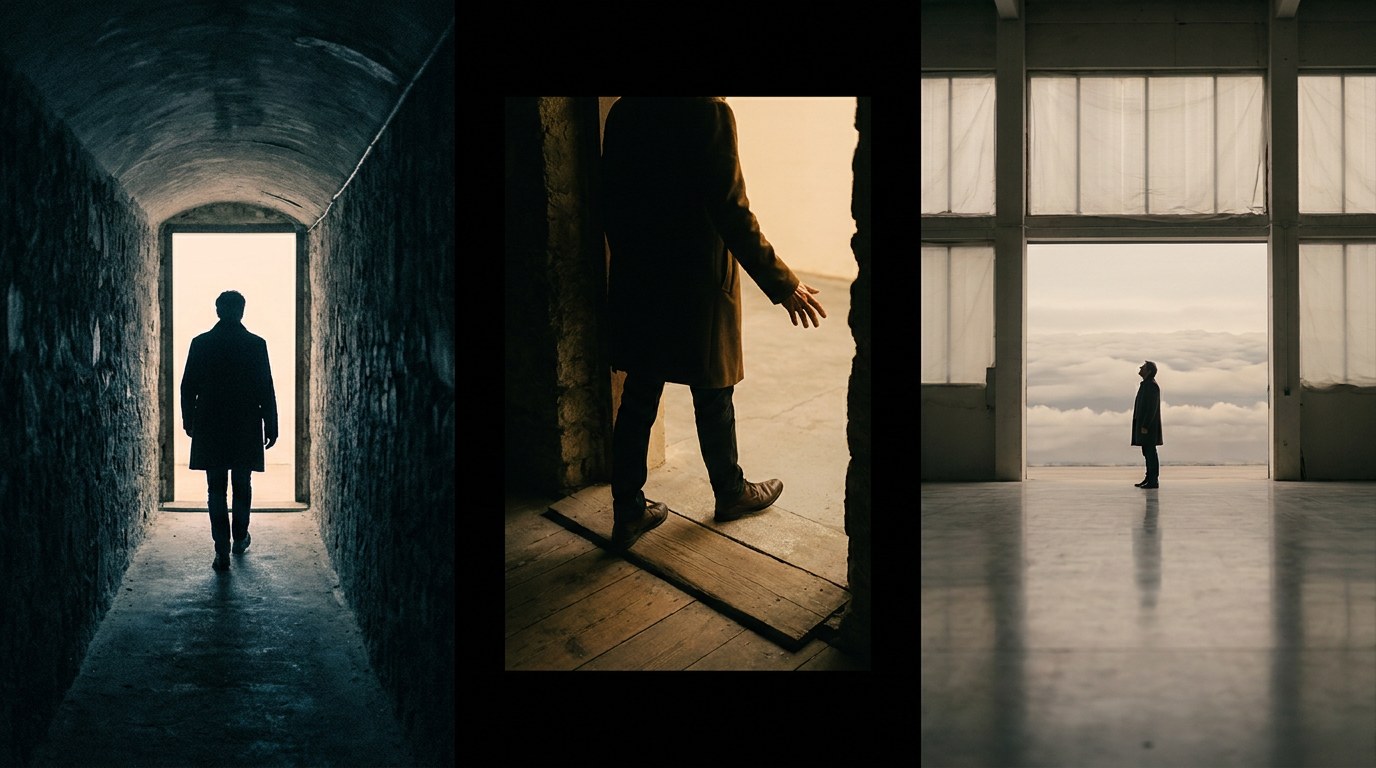 Three frames show a person walking down a dark corridor, stepping across a threshold of light, and stopping inside a vast bright space beyond.