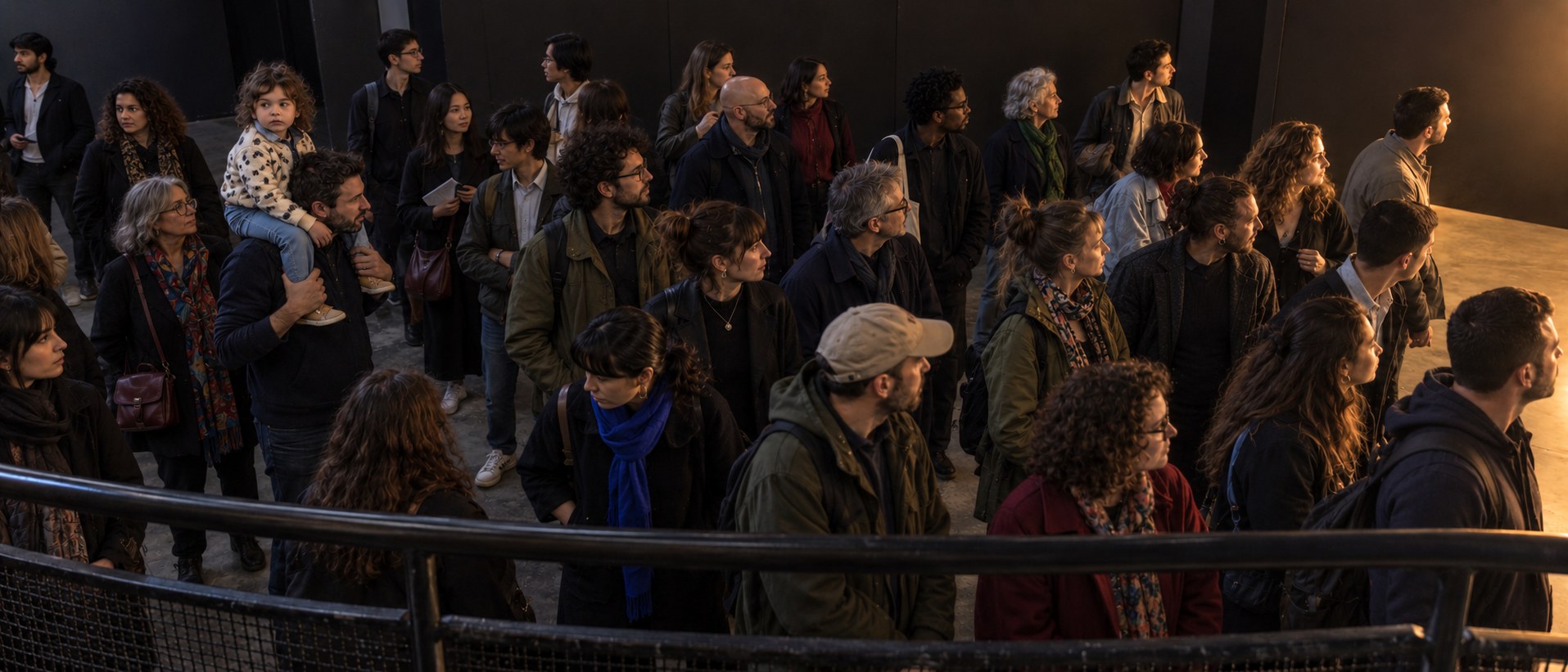 Seen from above, a crowd in a dark room turns in a wave toward a warm light rising at one edge; the nearest have turned, the farthest have not yet noticed.