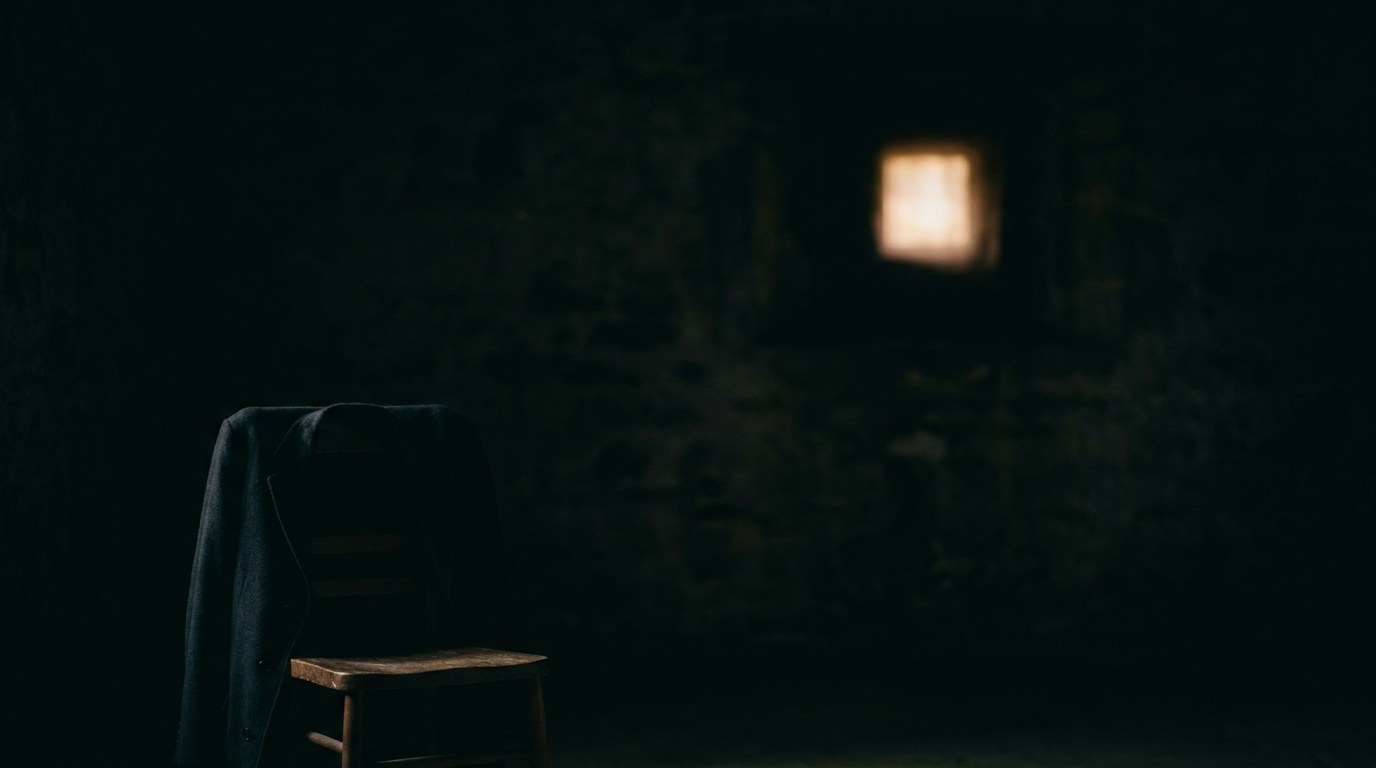 In a nearly dark room, an empty wooden chair with a coat over it faces a small, distant, unexplained warm light.