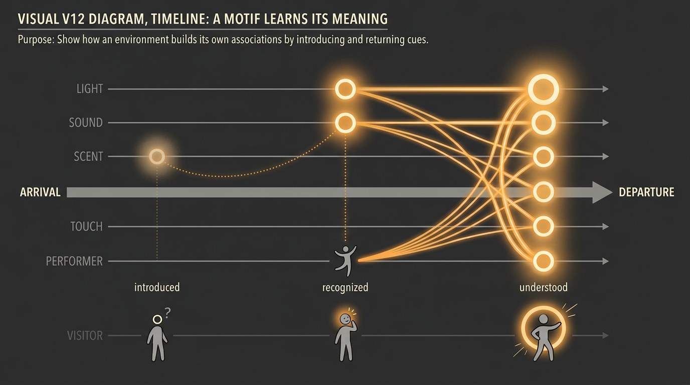 A timeline shows a single motif appearing three times across sensory tracks, faintly at first and then fully, with captions "introduced," "recognized," "understood."