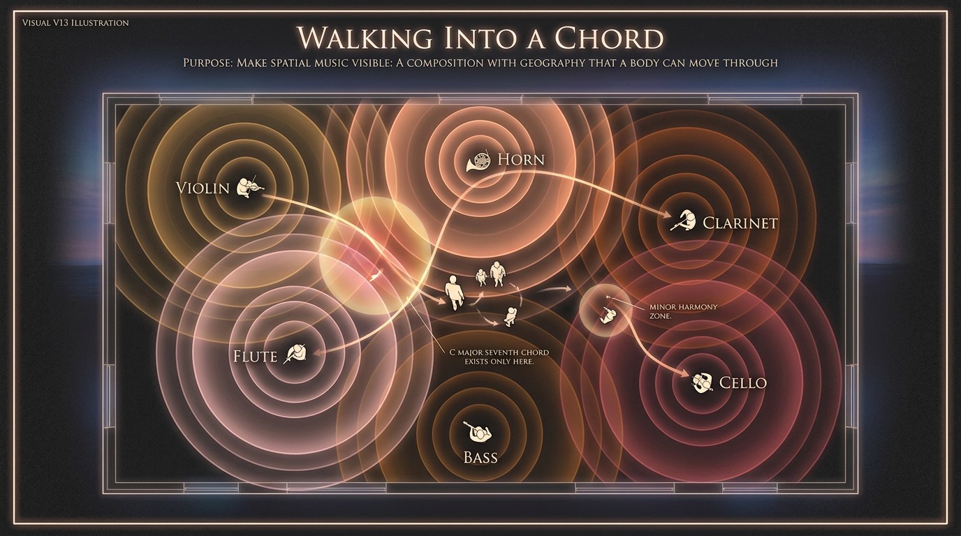 An overhead plan shows six musicians around a room, their sound as overlapping colored rings; a visitor stands where three overlap, inside a chord that exists only at that point.