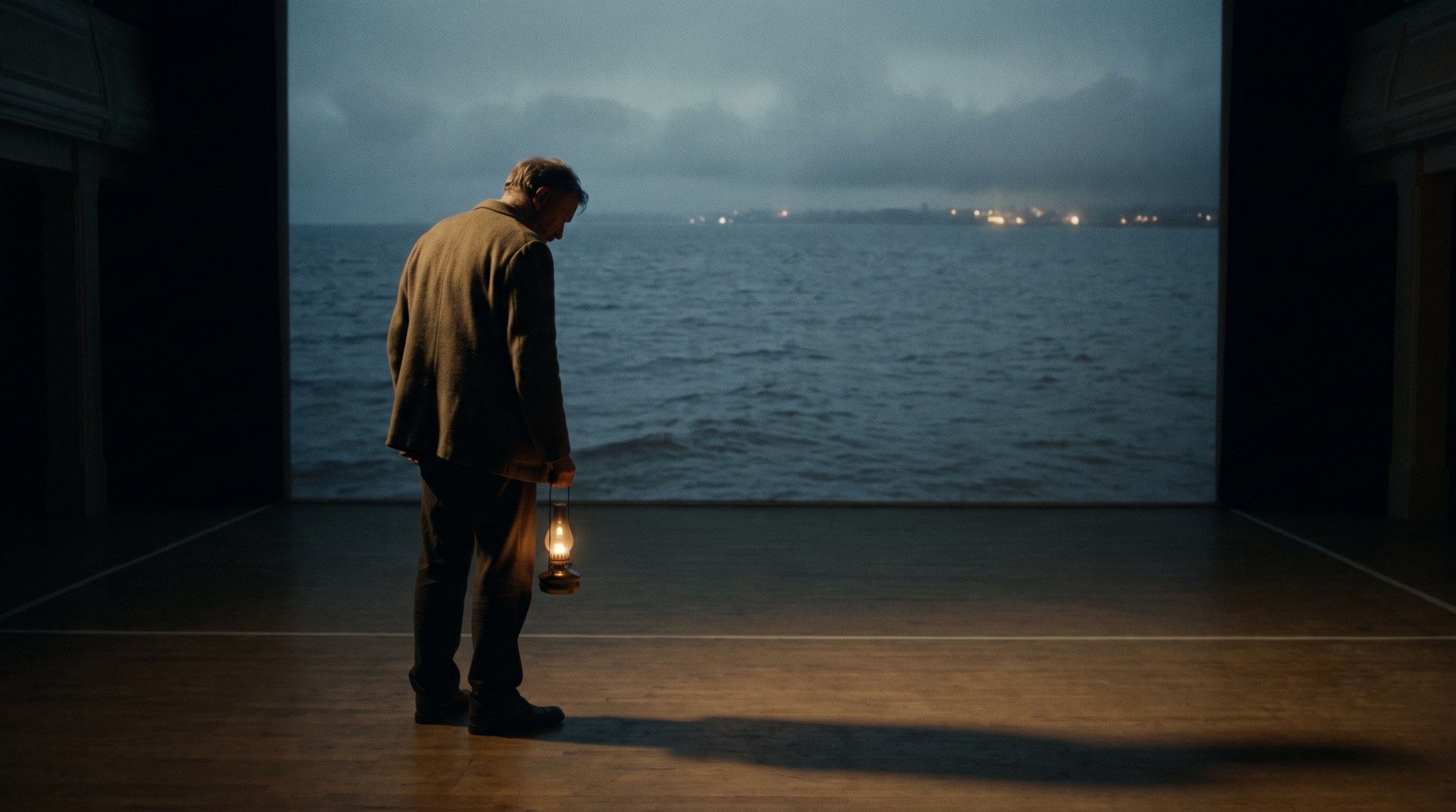 A performer holding a lamp stands at the edge of a projected sea, his shadow falling across the real floor, apparently listening to something in the distance.