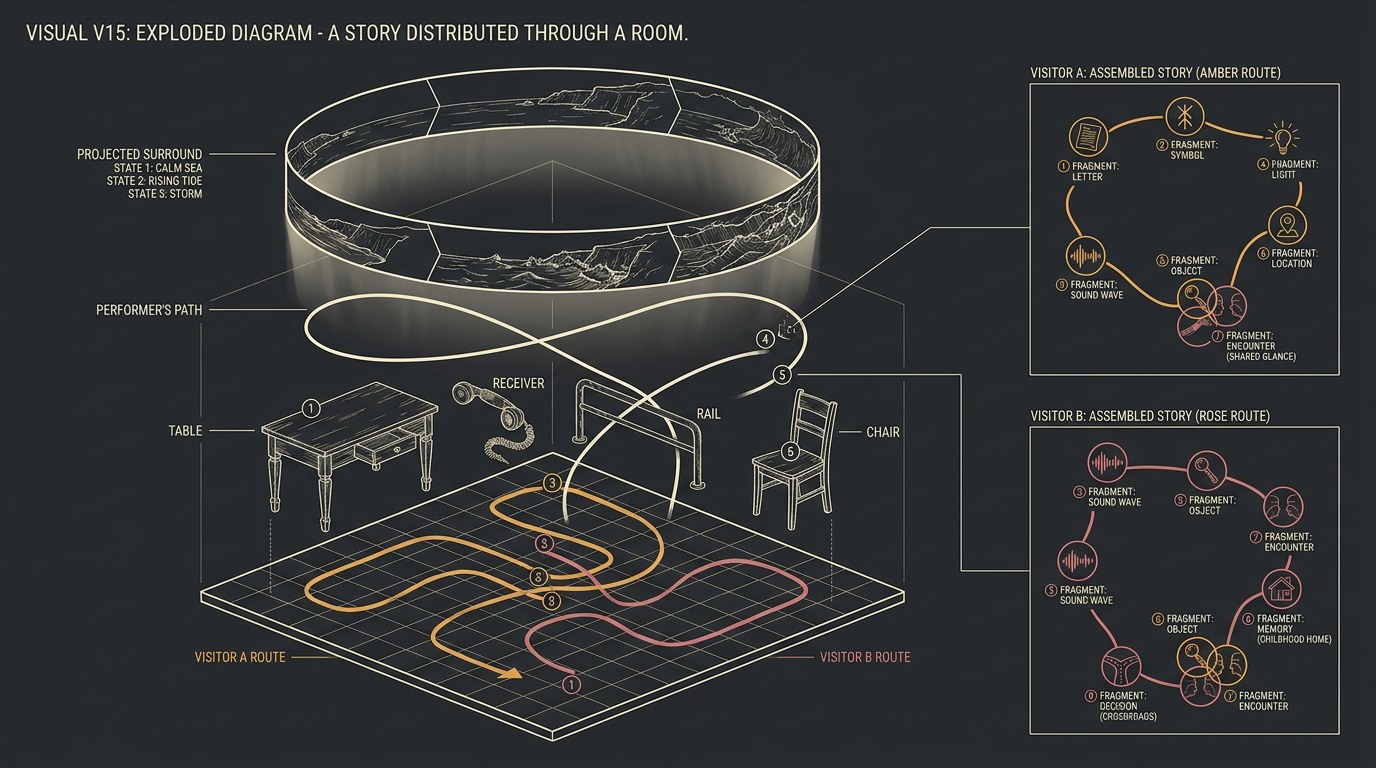 An exploded isometric view of a room separates floor, objects, performer path and projected surround, showing two visitors' routes collecting different fragments of the same story.