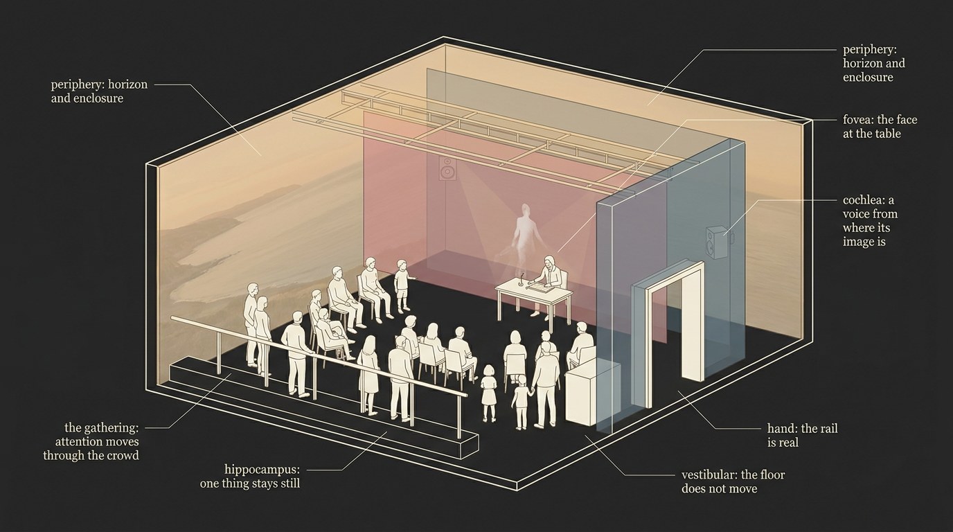 A cut-away view of a shared environment shows layered projection surfaces, a scrim, real objects and a gathering of people, with callouts linking each layer to a part of the human body.