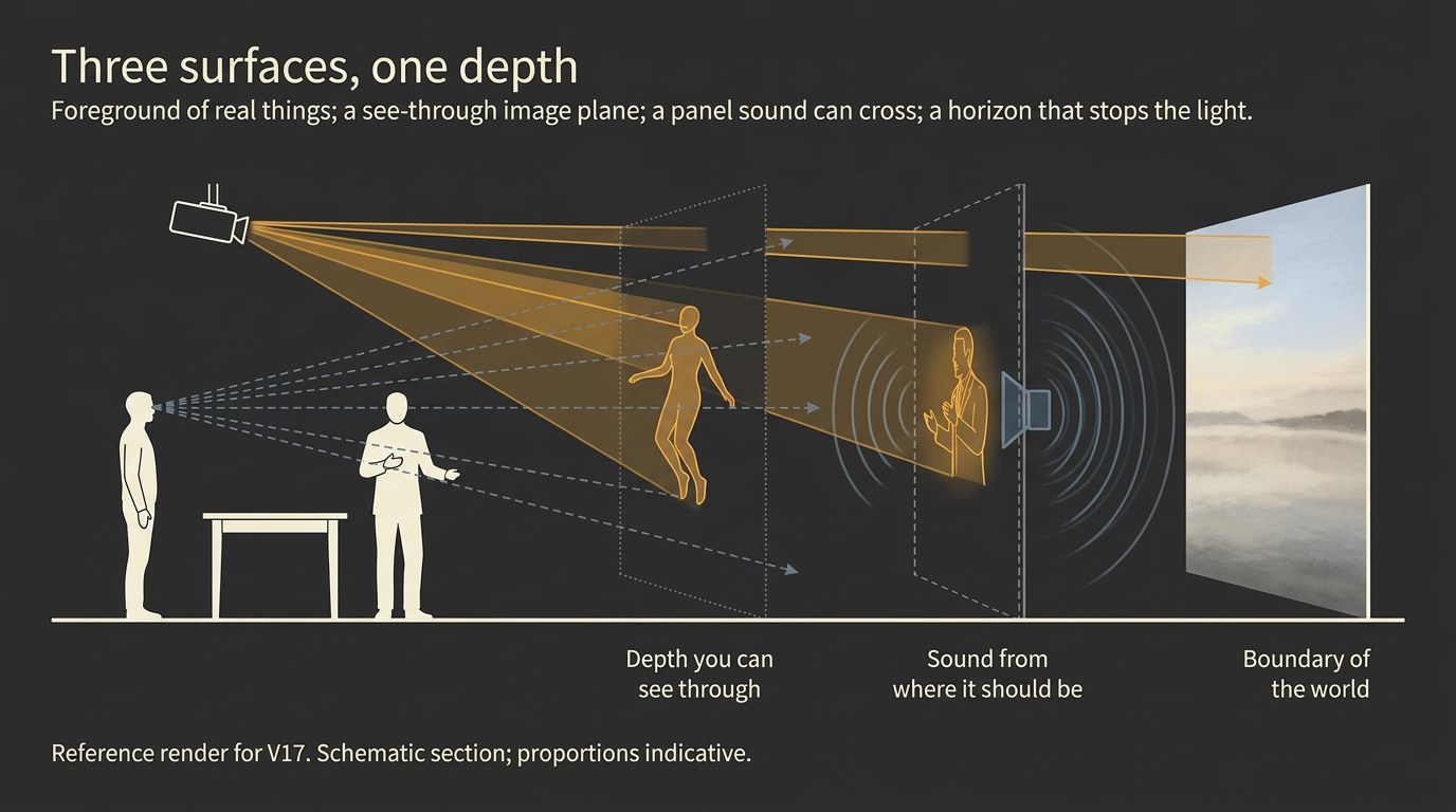 A cross-section shows projection light stopping at an opaque wall, sound passing through an acoustically transparent panel, and a see-through scrim carrying a floating figure with the far wall still visible behind it.