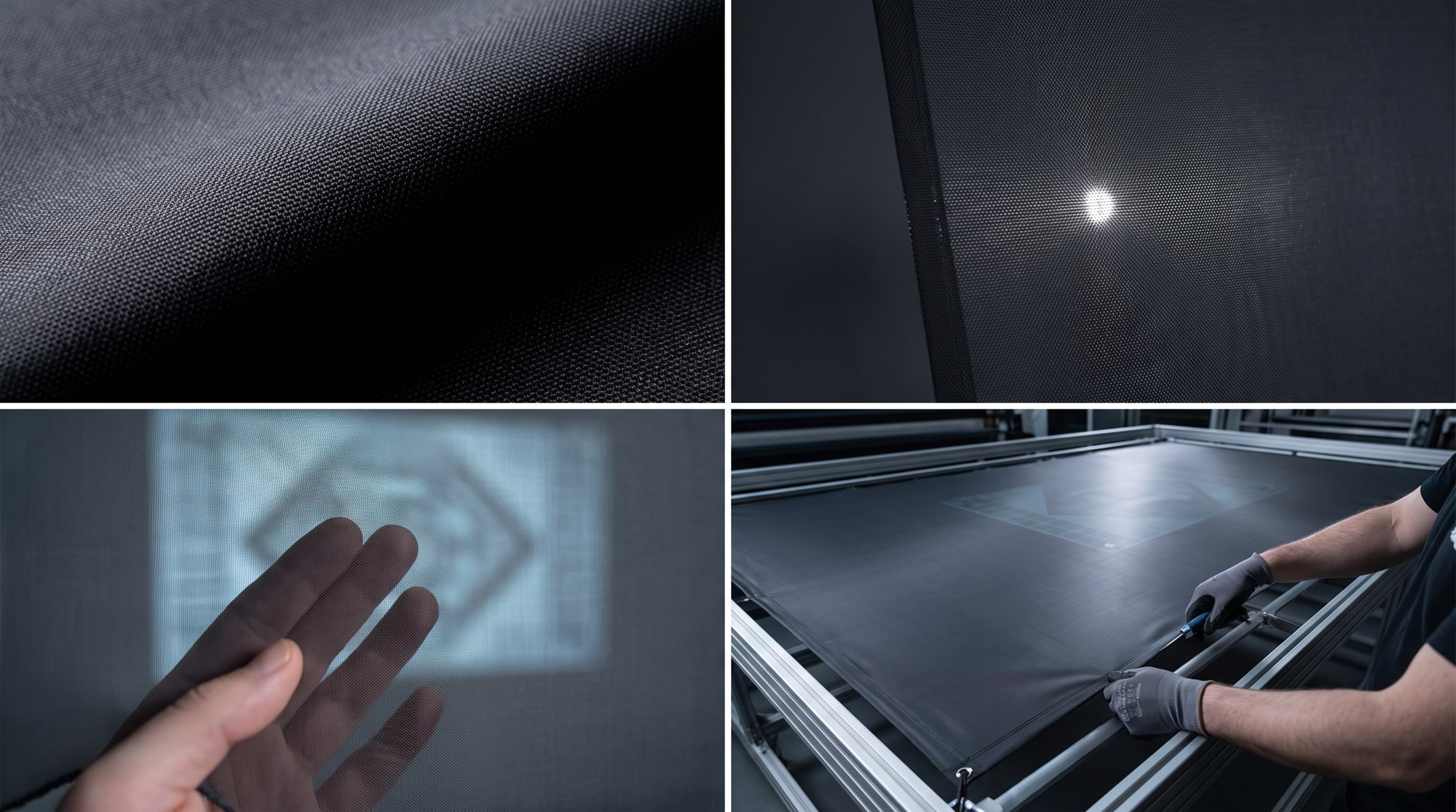 Four close-up photographs show projection surfaces as physical materials: a textured opaque weave, a perforated panel lit from behind, a hand pressing a nearly invisible scrim, and hands tensioning a surface at its frame.