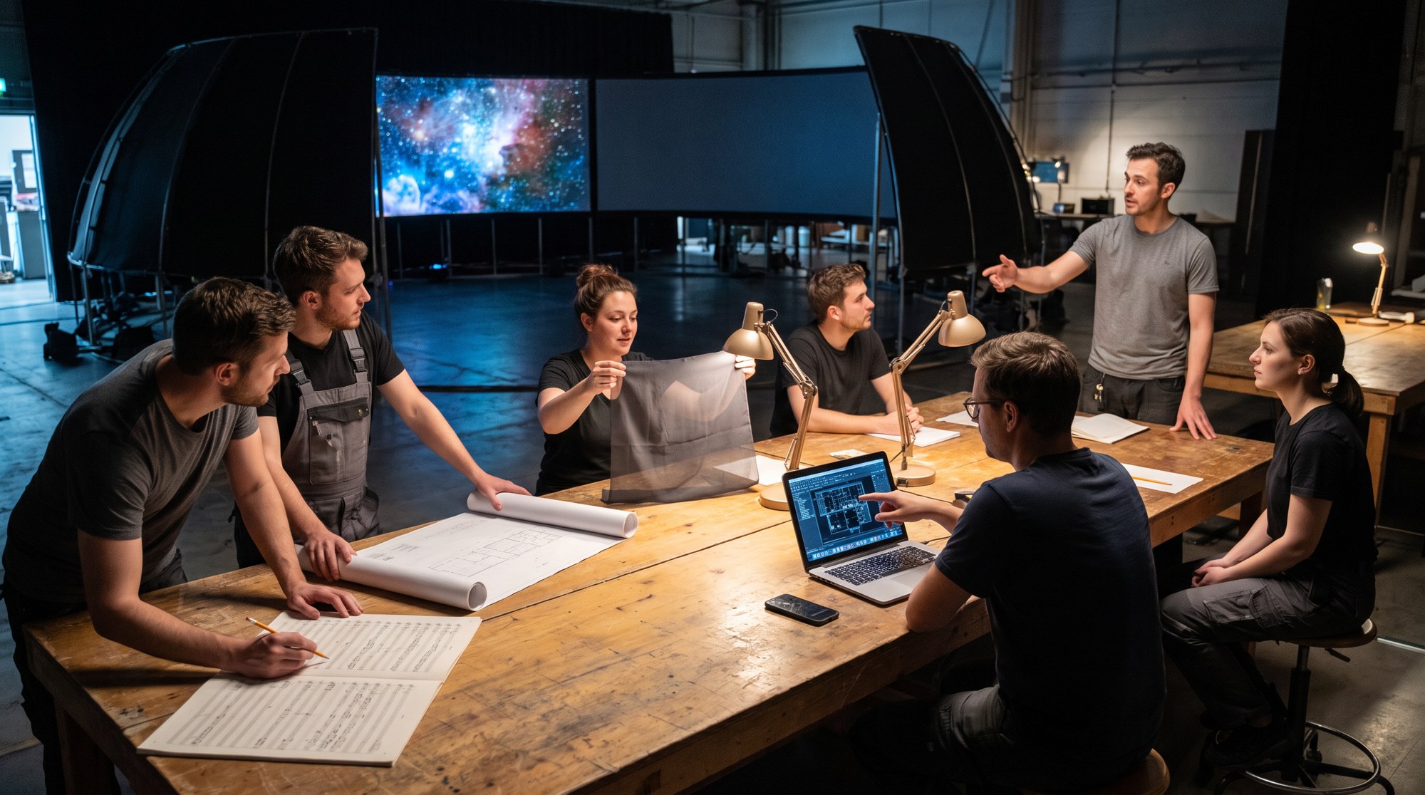 People from different disciplines gather around a long worktable with scores, drawings and material samples, while a half-built projection environment glows in the background.