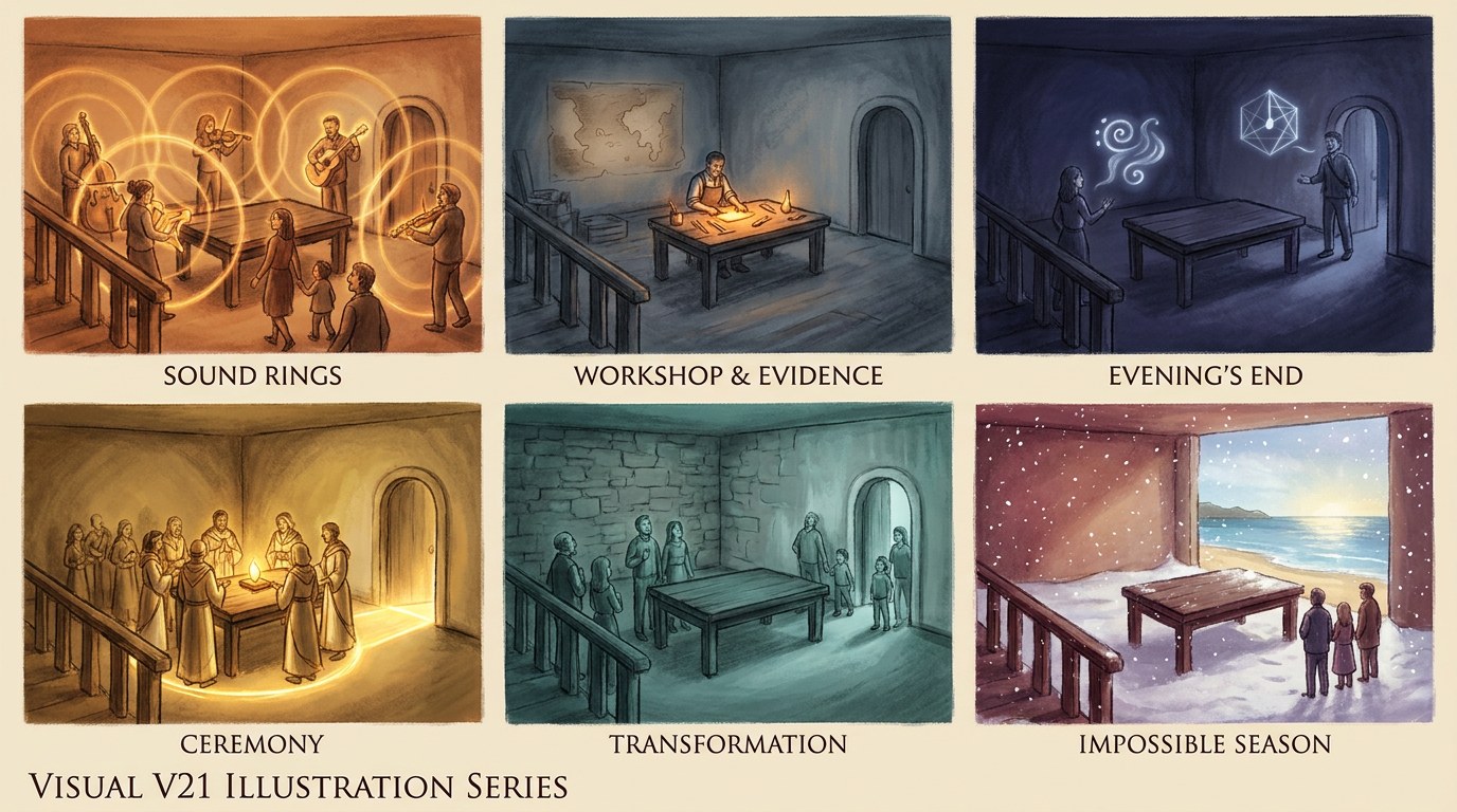 Six illustrations show the same room used six ways: a walk-through concert, an evidence-based story, a landscape that returns its motifs, a ceremony, a material transforming, and an impossible season.