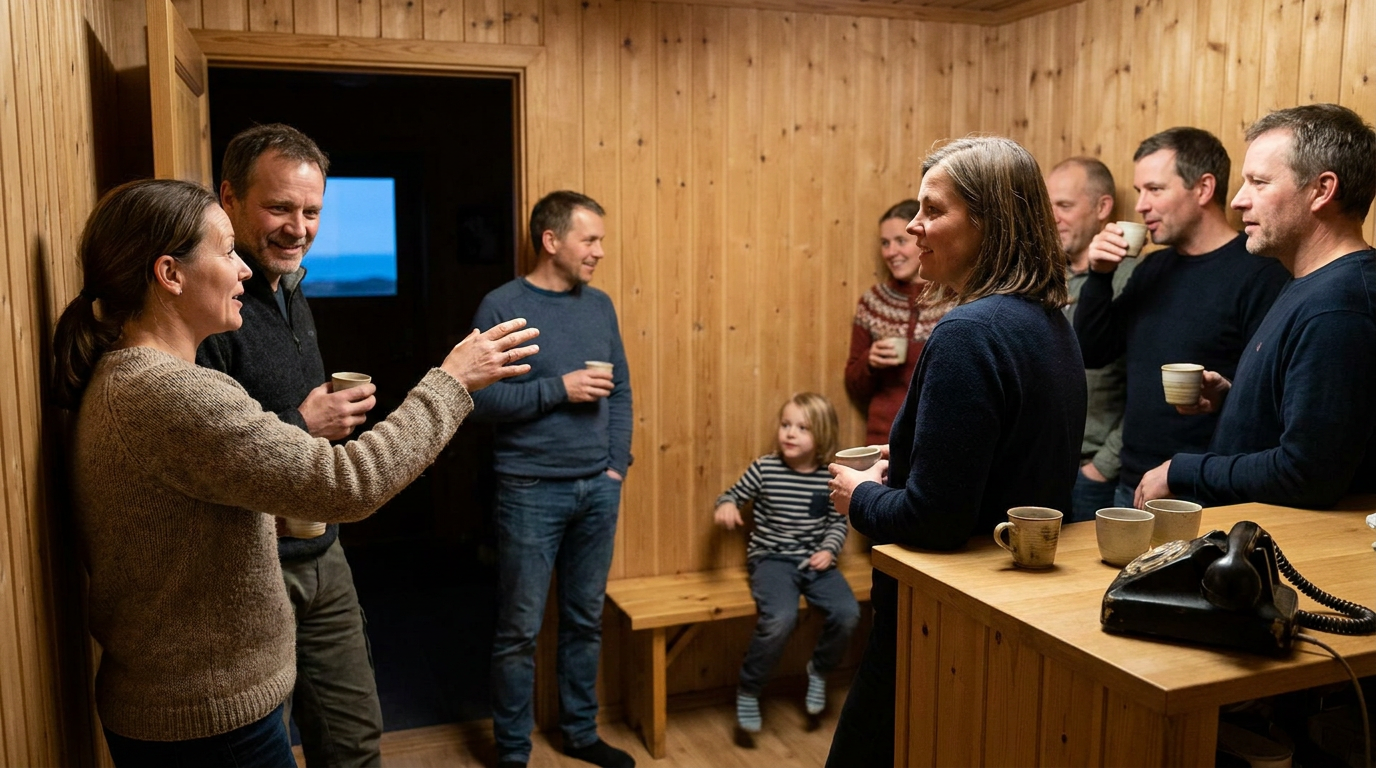 In a warm, small room, people hold cups and talk animatedly, one pointing back toward the dark doorway of the environment they have just left.