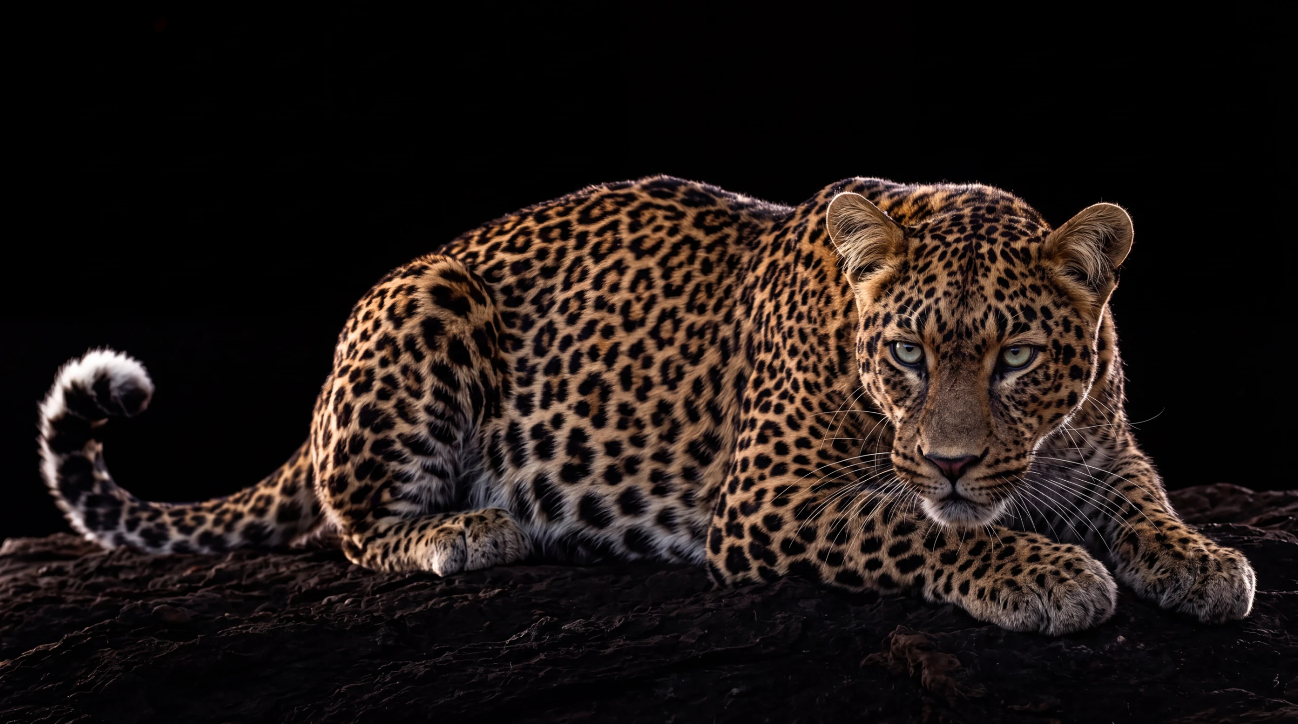 A leopard crouched in deep black, the projection surface holding true color and black under light