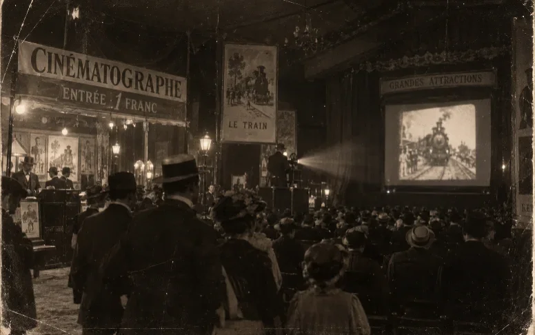 An early cinema audience marveling at a small bright screen.