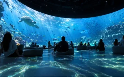 A wraparound hall: continuous image on every wall and the floor.