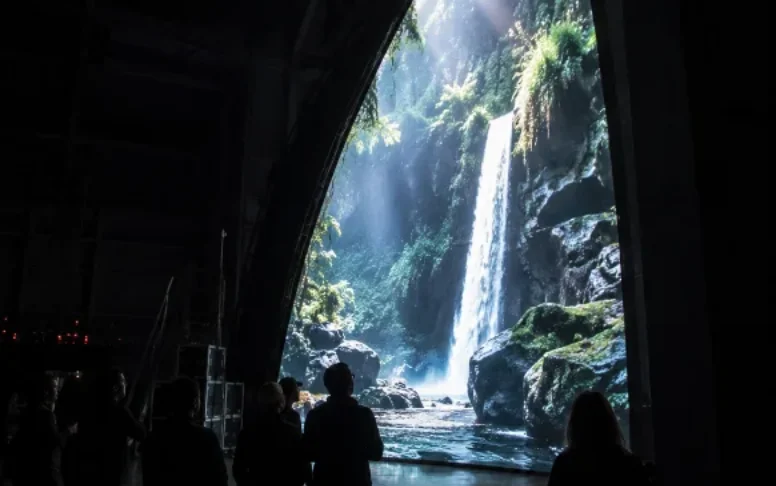 A curved projection volume mid-show, the image wrapping two axes.