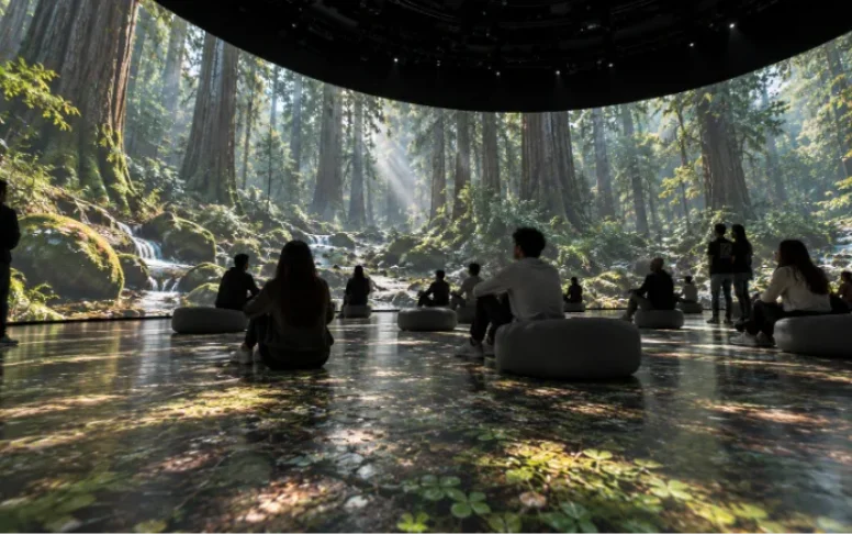 An immersive hall with content on every wall and the floor, visitors inside the picture.