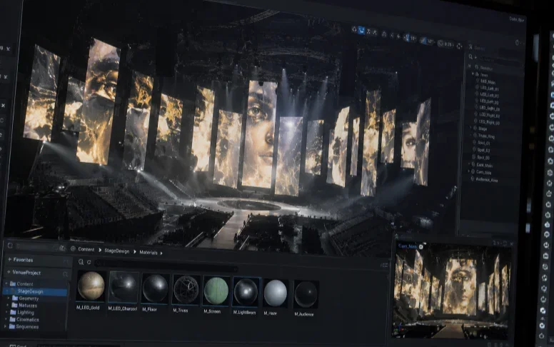 A content artist at a workstation, the venue as a 3D previz model on screen.