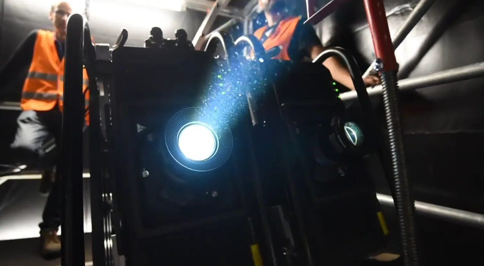 Rows of laser projectors installed for the Eiffel Tower mapping.