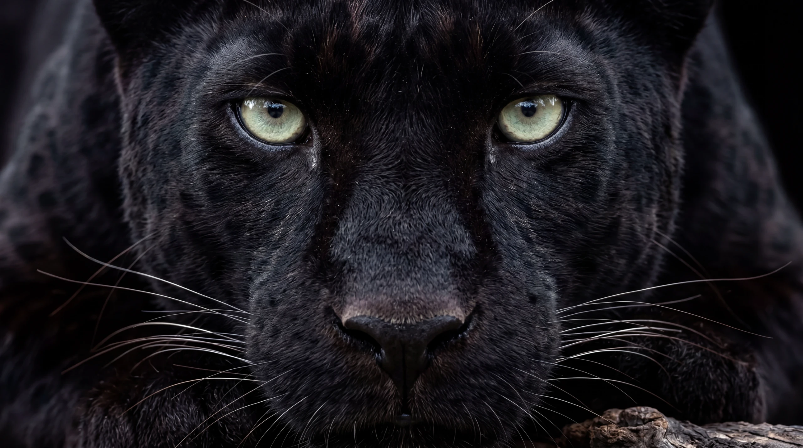 A black leopard's face at extreme close range, every hair and whisker resolved