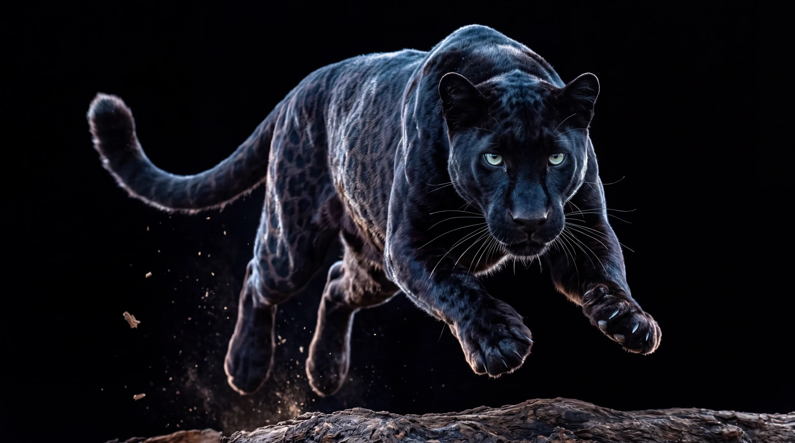 A black leopard mid-leap out of pure darkness