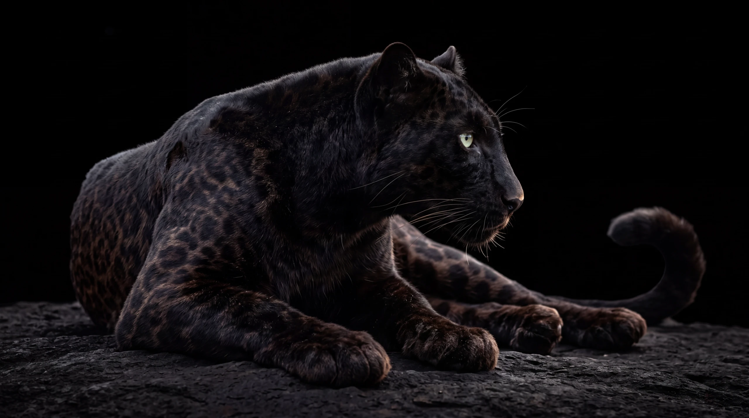 A black leopard in profile, its image floating free of any visible surface.