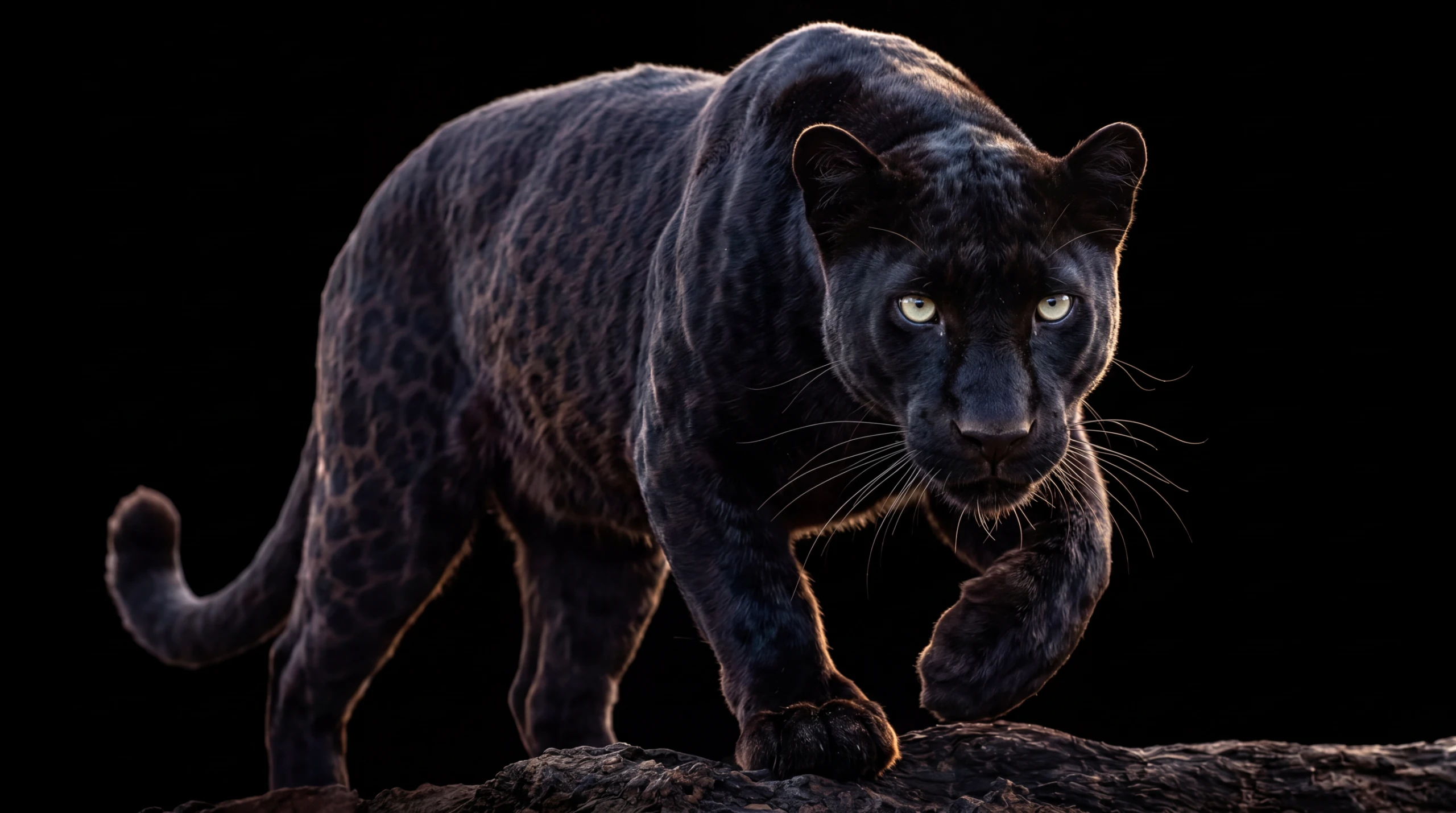 A black leopard prowling forward out of darkness
