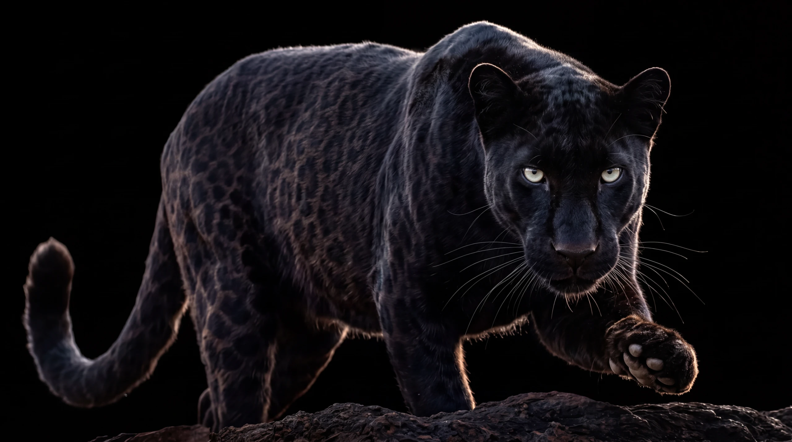 A black leopard mid-stalk