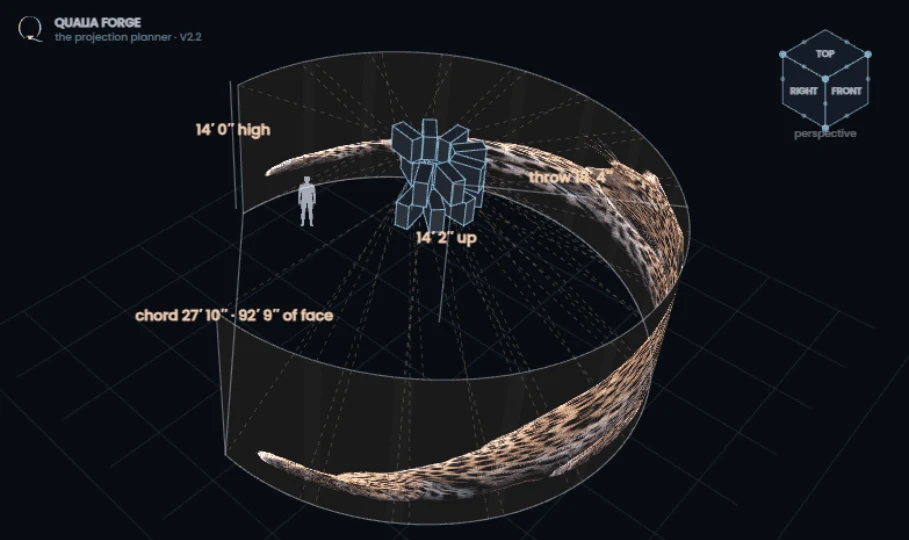 The planner: a 270 degree cave preset, a radial fleet of projectors at the center painting the full wrap.