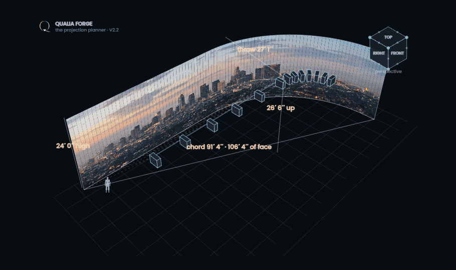 The projection planner: a 106-foot curved wall carrying a Los Angeles cityscape, thirteen ceiling projectors, and their measured throw drawn in 3D