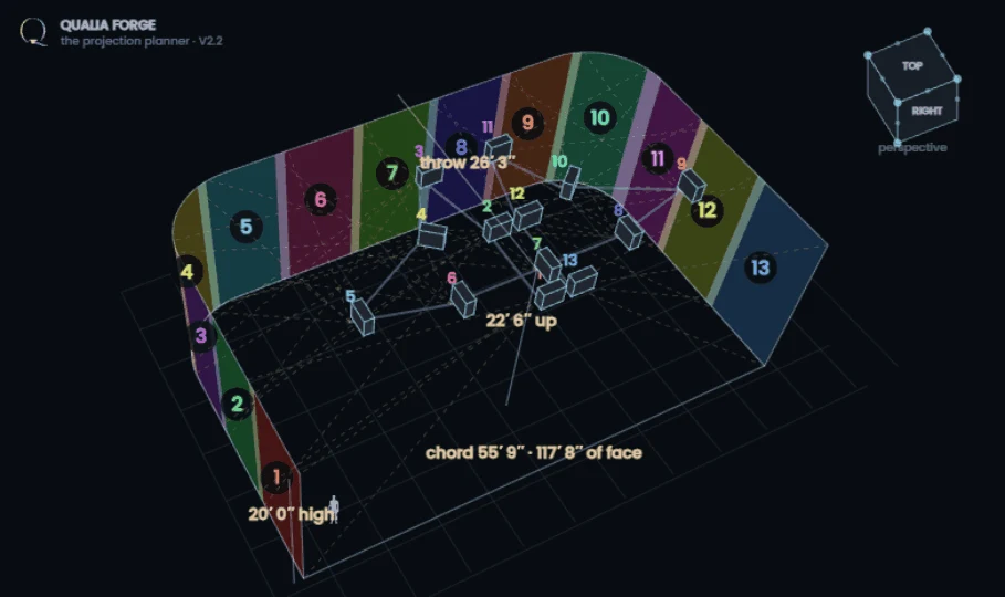 The projection planner: a three wall immersive wrap under the blend map, each projector's tile in its own hue, numbered, the shared bands reading brighter.
