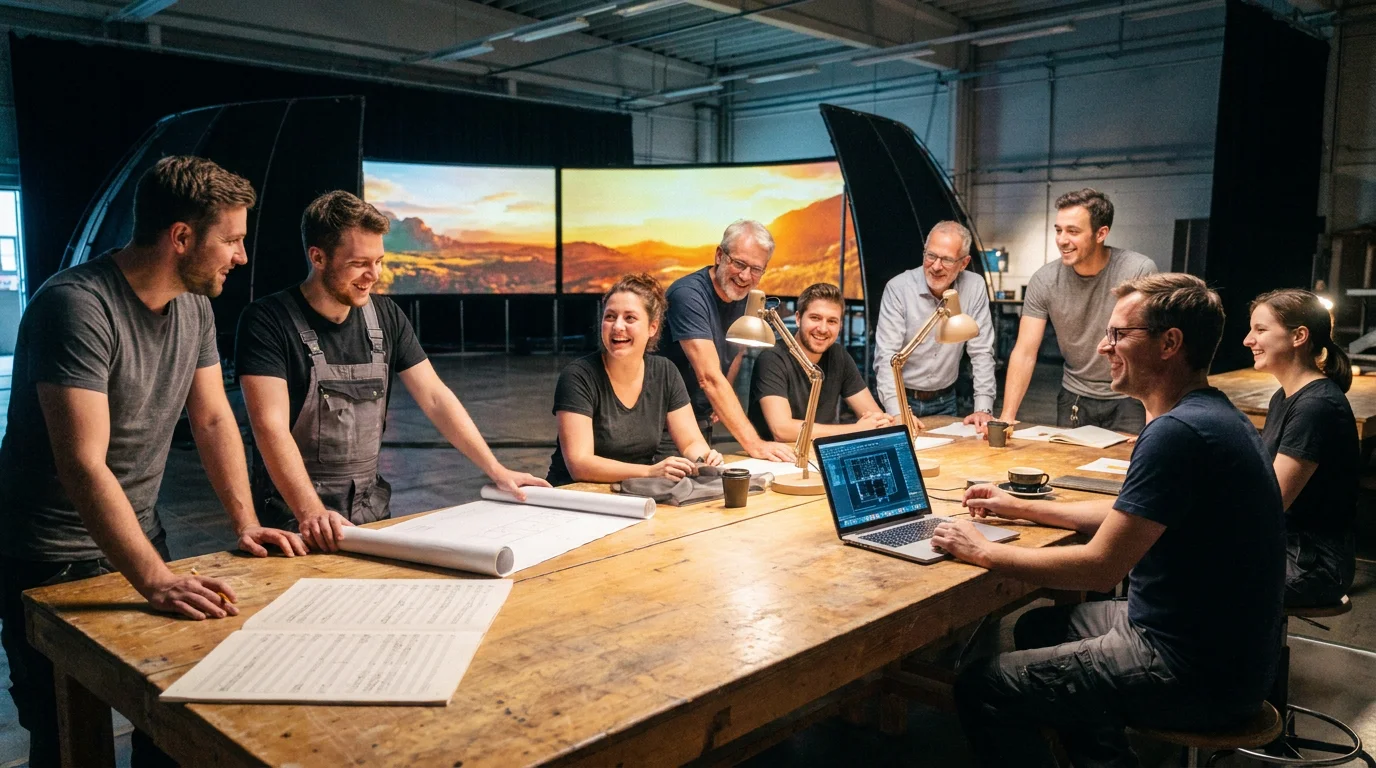 The Qualia Forge team around a work table, reviewing plans and material in front of a curved screen array