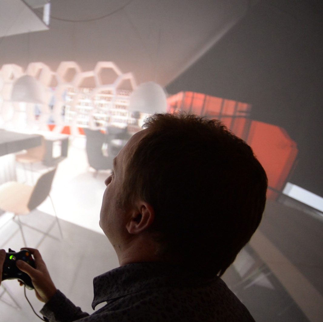A visitor steering a realtime environment with a game controller